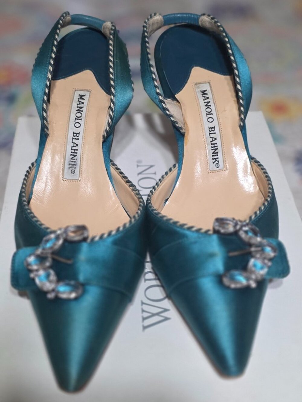 Rare Manolo Blahnik Peacock Teal Silk Satin Jeweled Kitten Heel Slingbacks 41